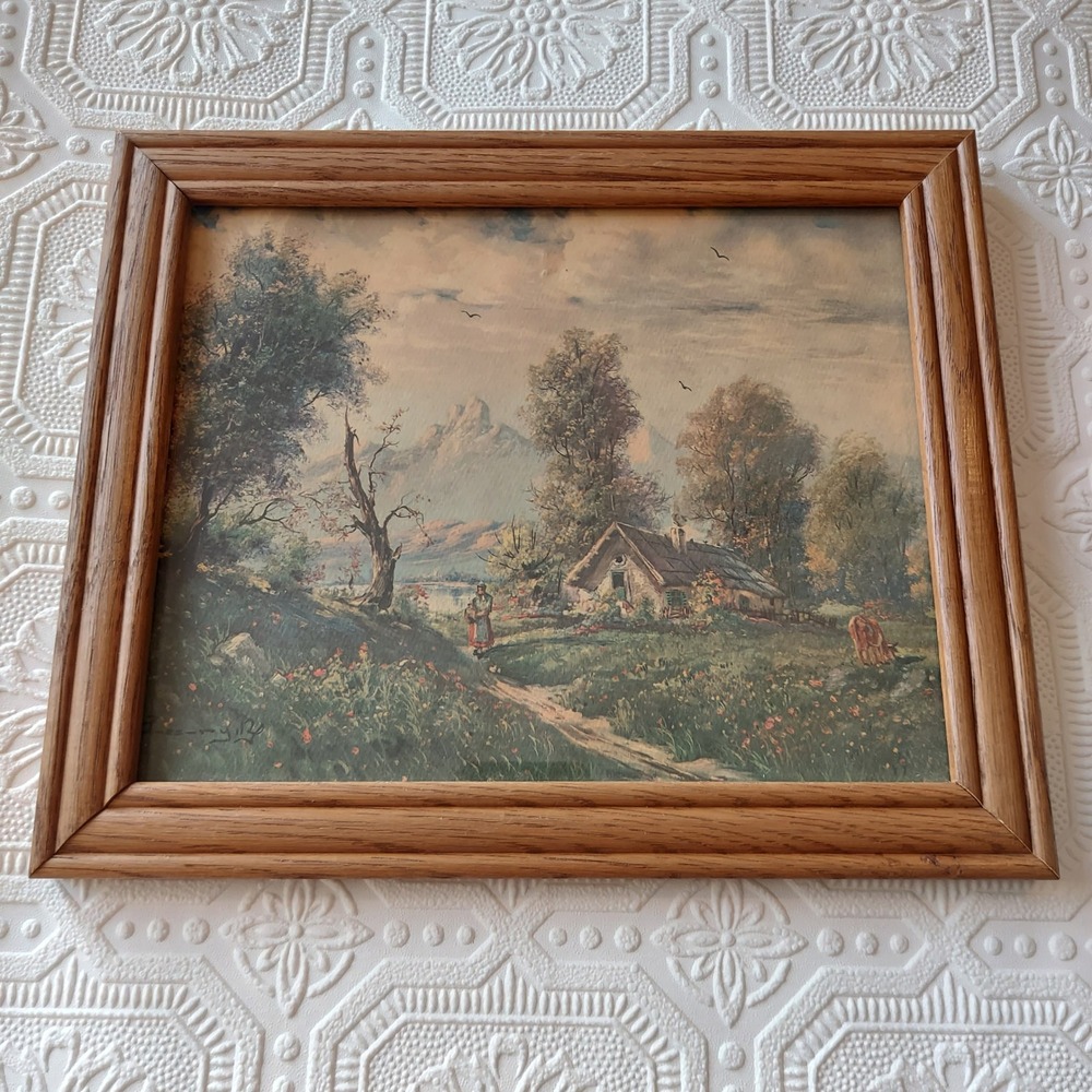 Vintage Framed Landscape Lithograph Print Cottagecore Mountain Scene 11.5x9.75